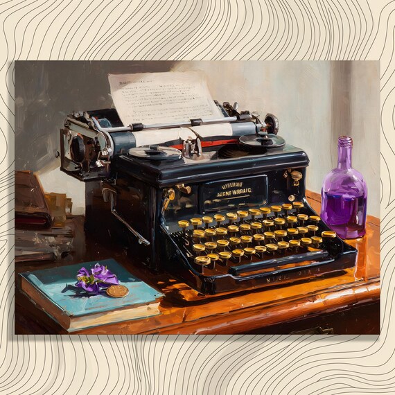 Vintage Black Typewriter Oil Painting Poster for Writers Desk Decor