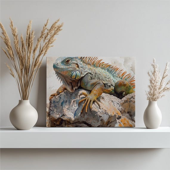 Vibrant Watercolor Iguana Canvas Wall Art Colorful Lizard Reptile Decor For Home Office Living Spaces Unique Nature Illustration