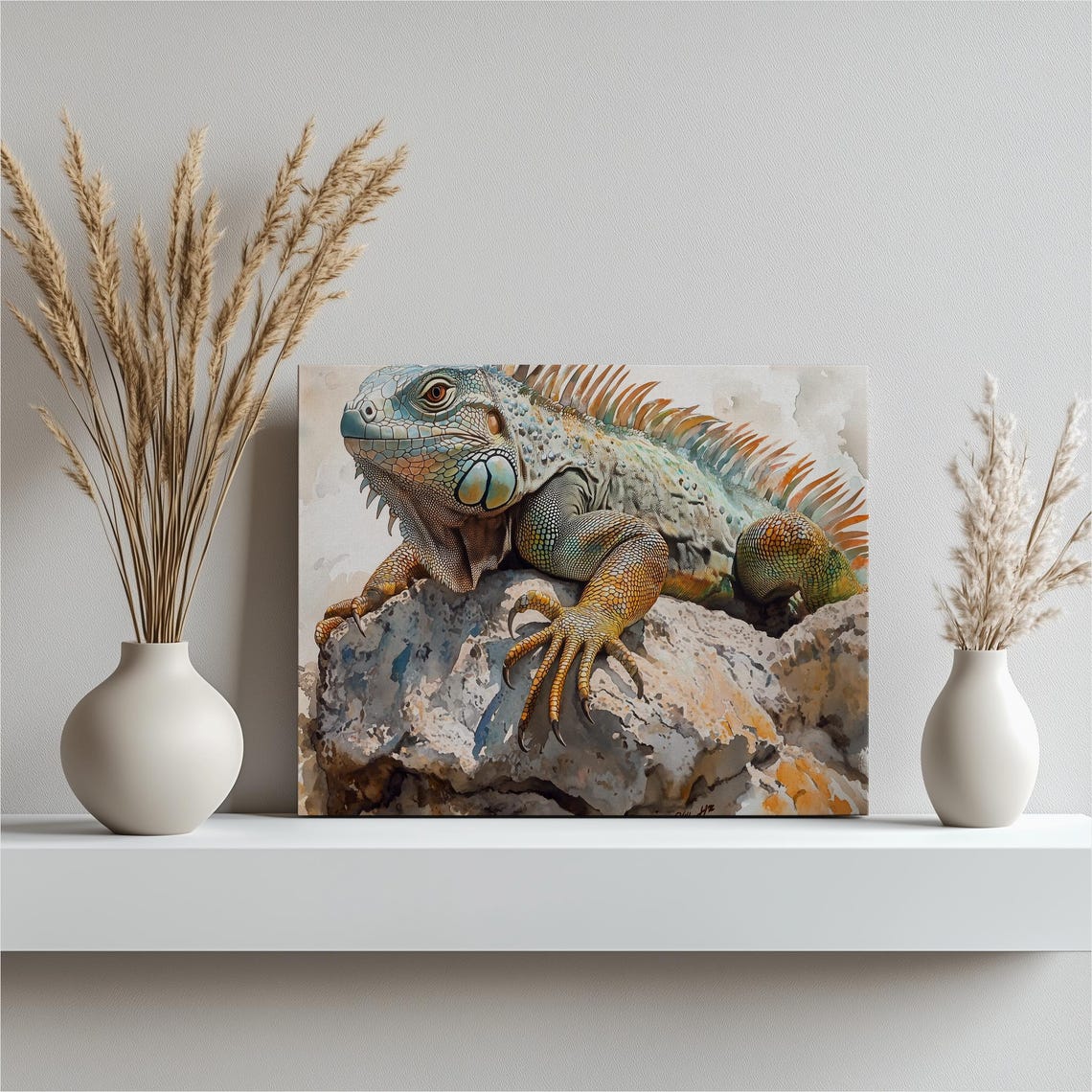 Vibrant Green Iguana Watercolor Reptile Detailed Wildlife Poster