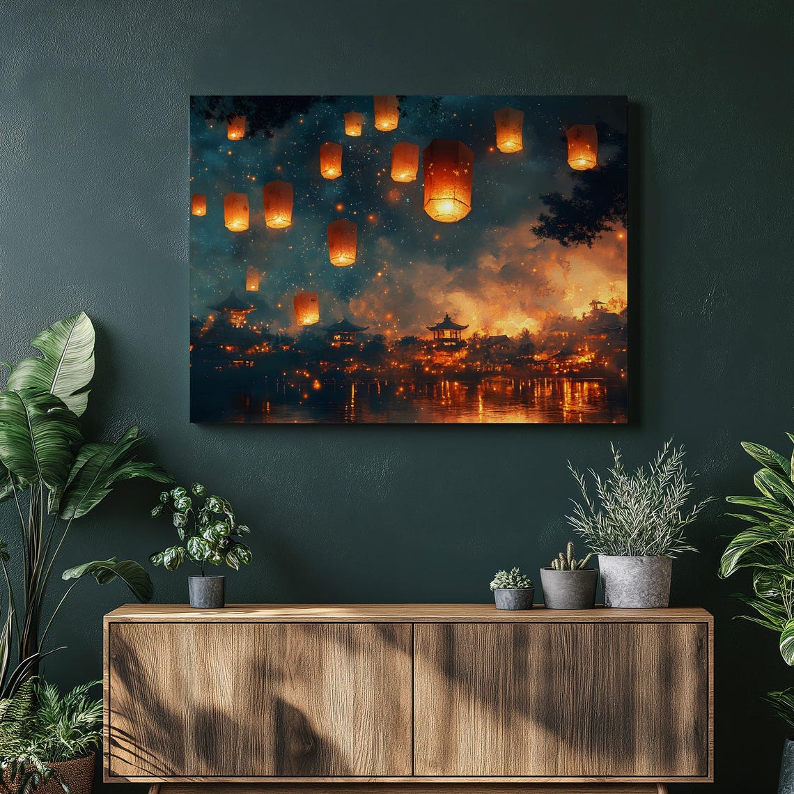 Floating Sky Lantern Festival Night Pagoda Lake Reflection Poster