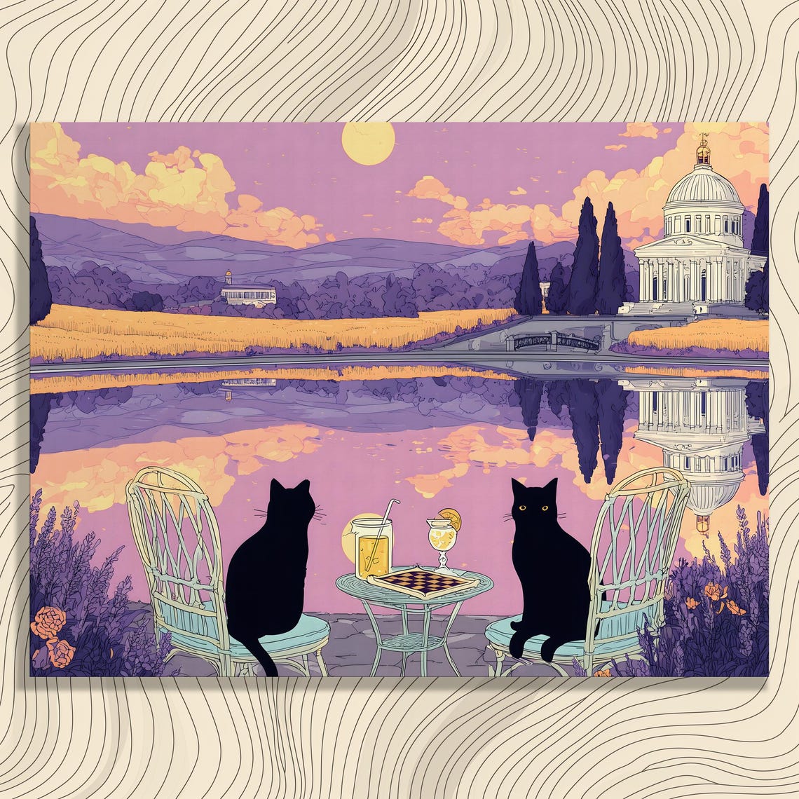 Two Black Cats at Cafe Table Overlooking Lake at Sunset Art Print