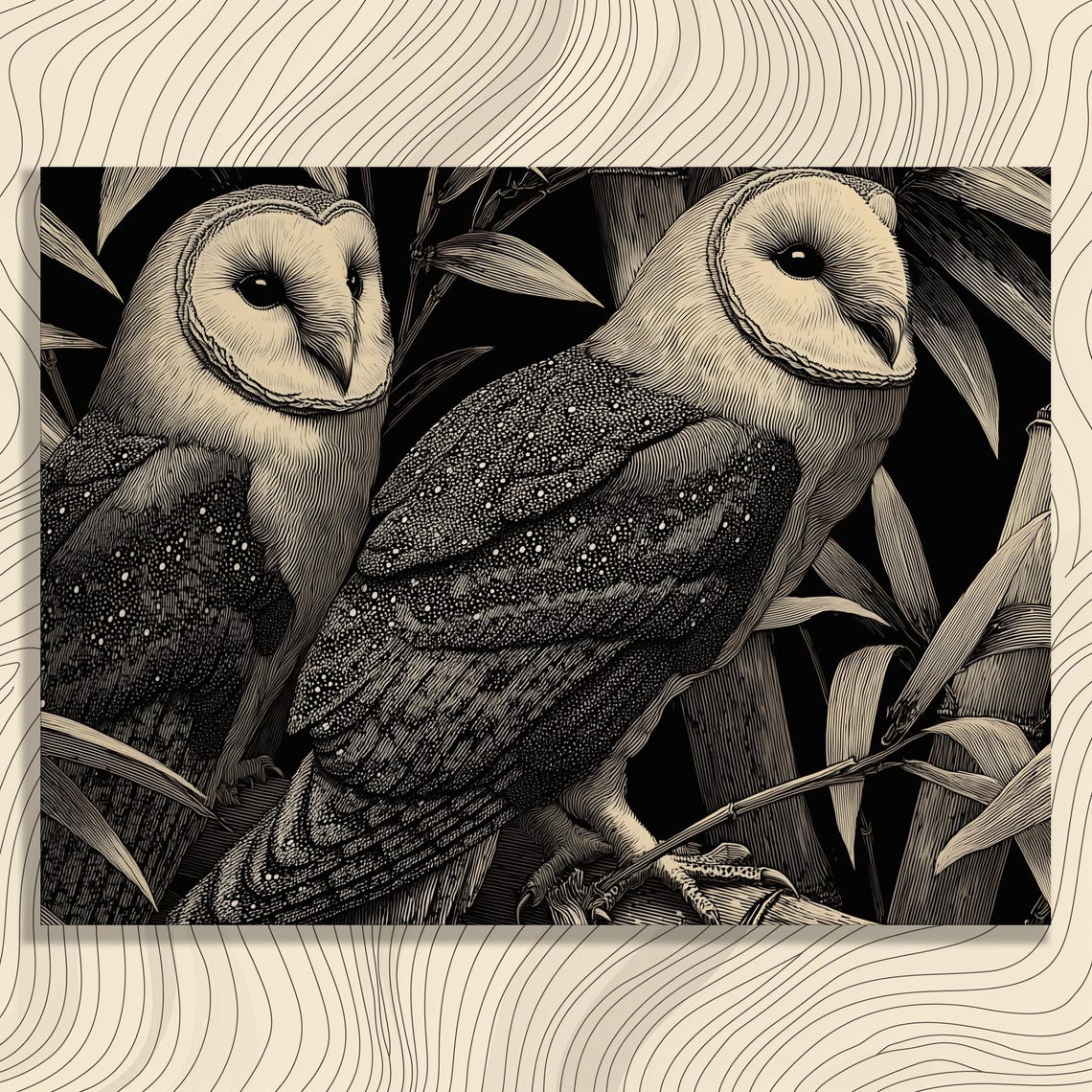 Barn Owls Among Bamboo Vintage Black And White Wildlife Art Poster