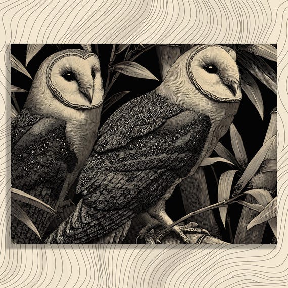 Barn Owl Bamboo Canvas Wall Art Black And White Wildlife Illustration Vintage Style Monochrome Print Nature Decor Animal Artwork Gift