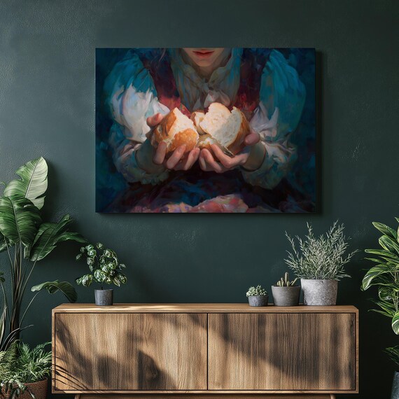 Breaking Bread Painting Poster Hands Tearing Artisan Loaf Warm Farmhouse