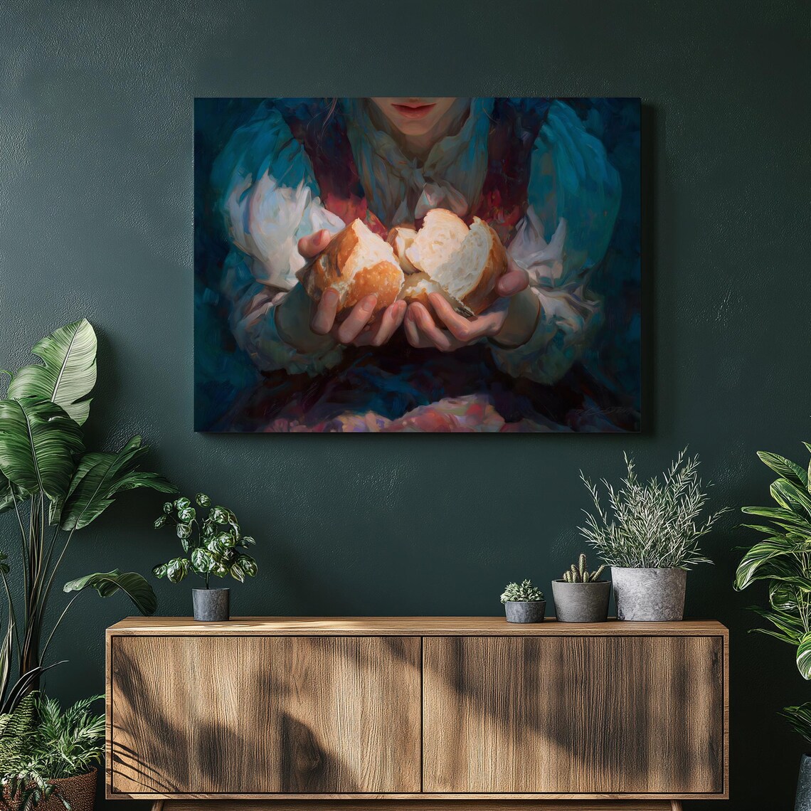 Breaking Bread Painting Poster Hands Tearing Artisan Loaf Warm Farmhouse