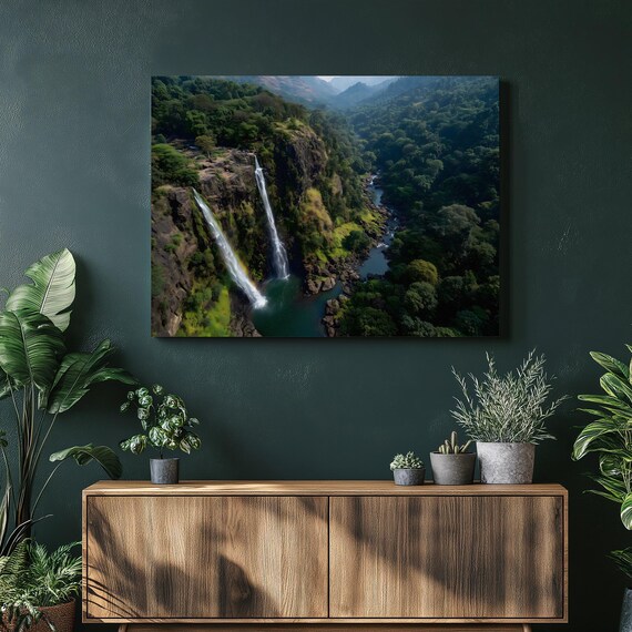 Tropical Waterfall Poster Twin Falls Over Rainforest River Aerial View Artwork