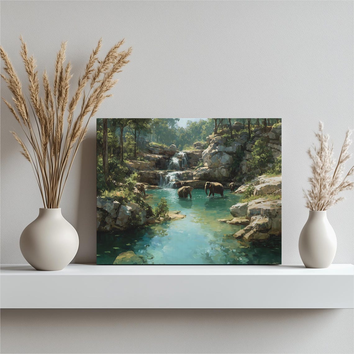 Elephants Bathing Jungle Waterfall Turquoise Pool Painting Wall Art