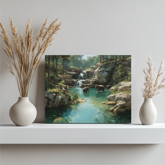 Elephant Sanctuary Waterfall Canvas Wall Art Tranquil Jungle Pool With Cascading Falls Turquoise Lagoon Wildlife Landscape Painting Decor