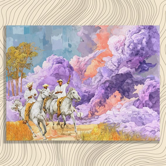Vibrant Horseback Journey Canvas Wall Art Epic Adventure Vision With Vivid Clouds And Majestic Foothill Trees Landscape Print For Adults