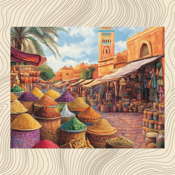 Marokko Canvas Muurkunst Levendig Marrakech Markten Textiel Kruiden Koutoubiamoskee Print Decor Voor Woonkamer Goedkope