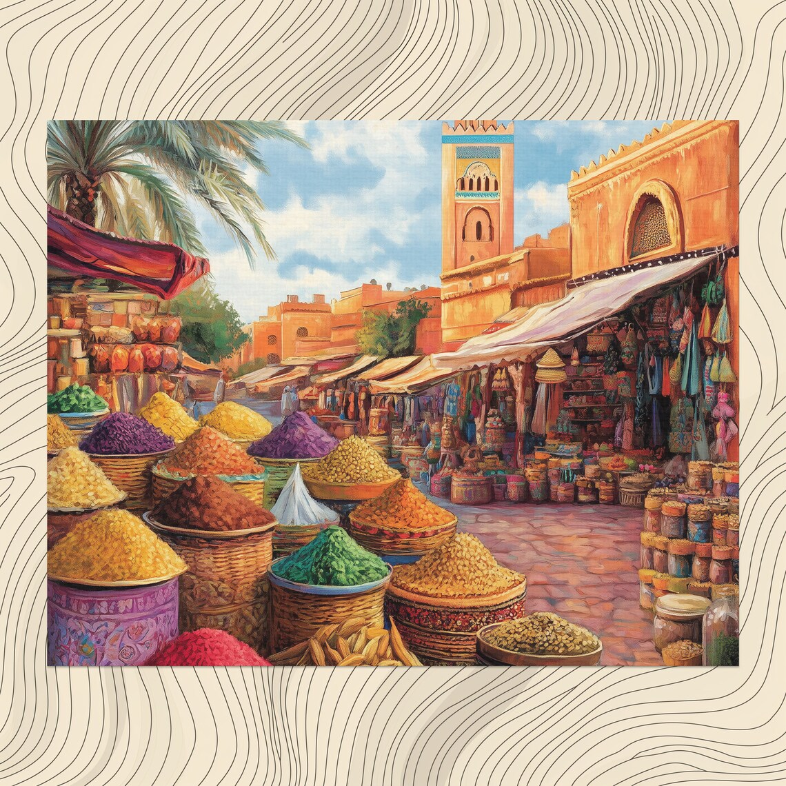 Marrakech Spice Market Colorful Souk Minaret Moroccan Street Art Poster