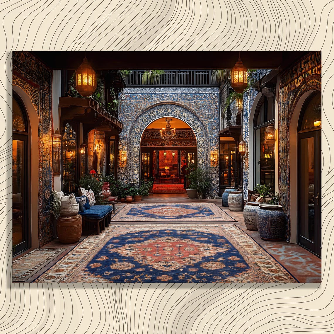 Moroccan Courtyard Mosaic Tiles Lanterns Riad Interior Poster