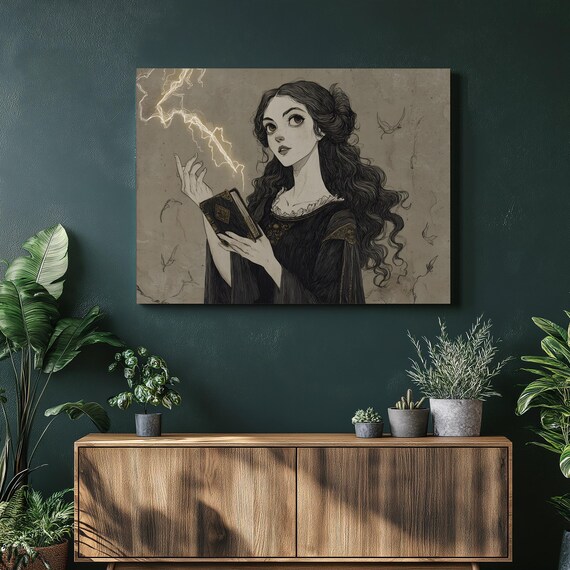 Gothic Sorceress Canvas Wall Art Medieval Magic Print Lightning Spellbook Illustration Dark Fantasy Book Lovers Gift