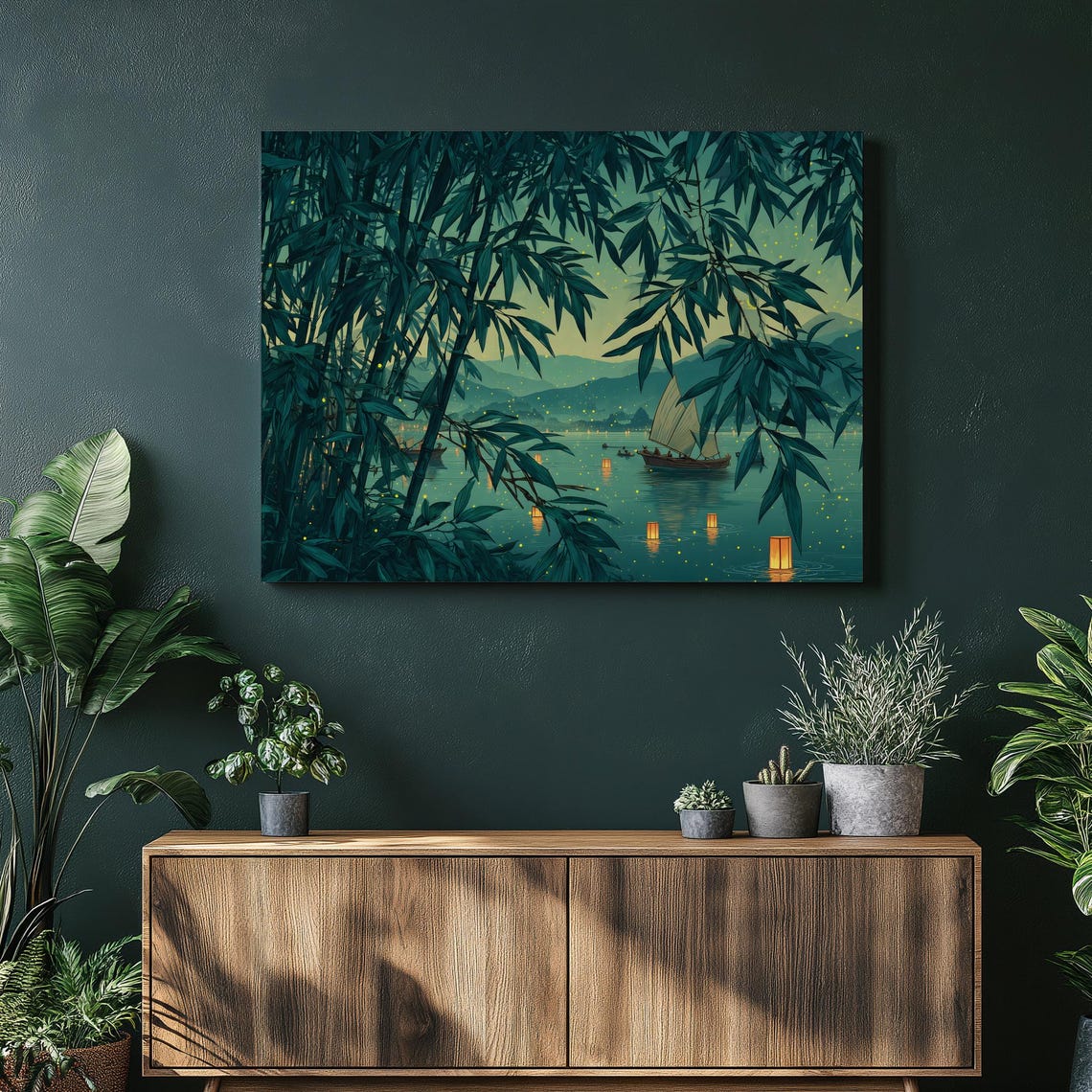 Bamboo Lake Floating Lanterns Sailboat Twilight Asian Wall Poster