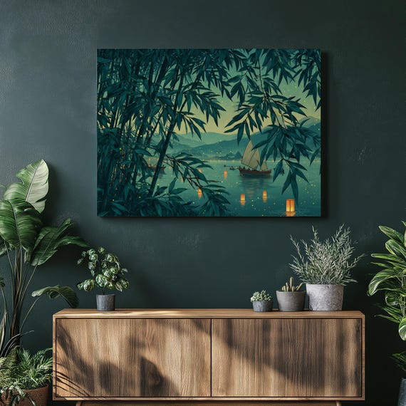 Serene Bamboo Lake Canvas Wall Art Lantern Glow Paper Boats Misty Mountains Glowing Firefly Reflection Zen Landscape Traditional Print