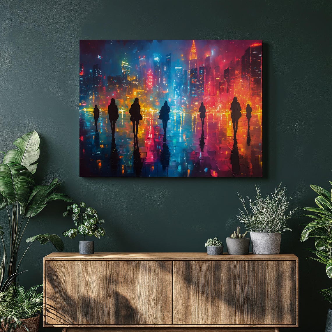 Neon City Skyline Canvas Wall Art Vibrant Urban Night Scene With Silhouettes And Reflections