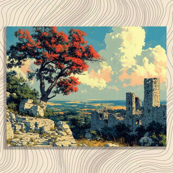 Red Leaf Tree Landscape Canvas Wall Art Vintage Nature Decor Print Gift In Dramatic Rocky Ruins Scenery Under Stormy Sky With Fall Foliage