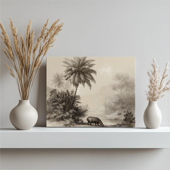 Vintage Hippo Jungle Canvas Wall Art Sepia Wildlife Print Tropical Decor Palm Tree Painting River Landscape Engraving Safari Nature Gift