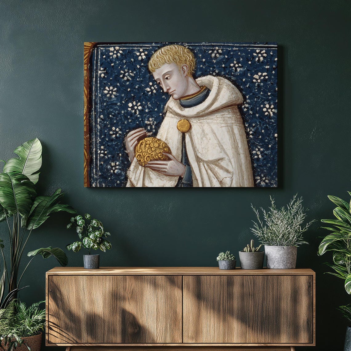 Medieval Monk Illuminated Manuscript Wall Art Golden Orb Gothic Decor