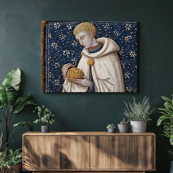 Medieval Monk Illuminated Manuscript Wall Art Golden Orb Gothic Decor