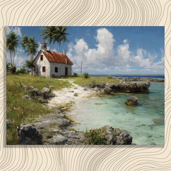 Tropical Beach Cottage With Red Roof Palm Trees Ocean View Wall Art