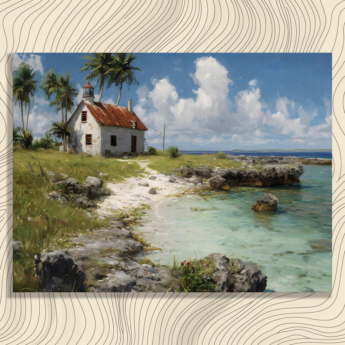 Tropical Beach Cottage With Red Roof Palm Trees Ocean View Wall Art