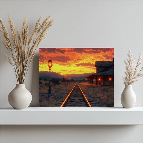 Sunset Railway Station Canvas Wall Art Glowing Lantern Tracks In The Desert