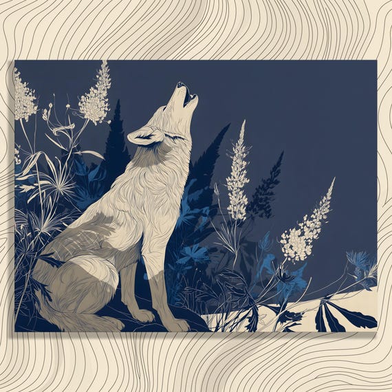 Howling Wolf Nature Canvas Wall Art Modern Blue Botanical Illustration Floral Wildlife Silhouetted Animal Artwork Gift For Fans