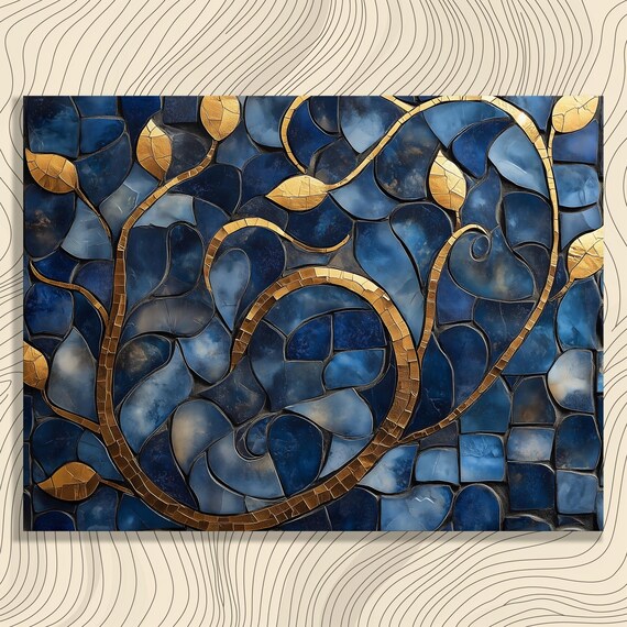 Arabesque Vine Canvas Wall Art Blue Gold Mosaic Leaves Pattern Modern Abstract Ornamental Design Geometric Tile Texture Home Decor Print