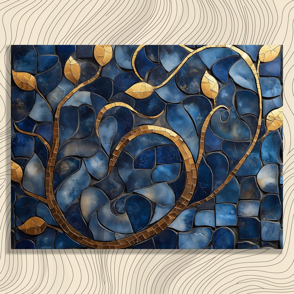 Arabesque Vine Canvas Wall Art Blue Gold Mosaic Leaves Pattern Modern Abstract Ornamental Design Geometric Tile Texture Home Decor Print