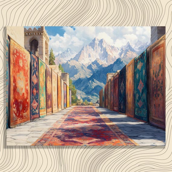 Colorful Market Rugs Canvas Wall Art Bohemian Eclectic Mountain Landscape Print With Vibrant Textile Patterns Limited Edition