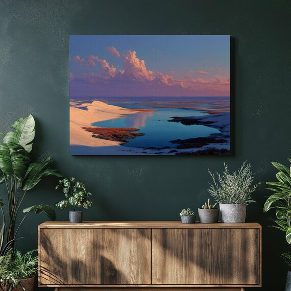Sunset Desert Lagoon Dunes Pink Clouds Turquoise Water Canvas Wall Art