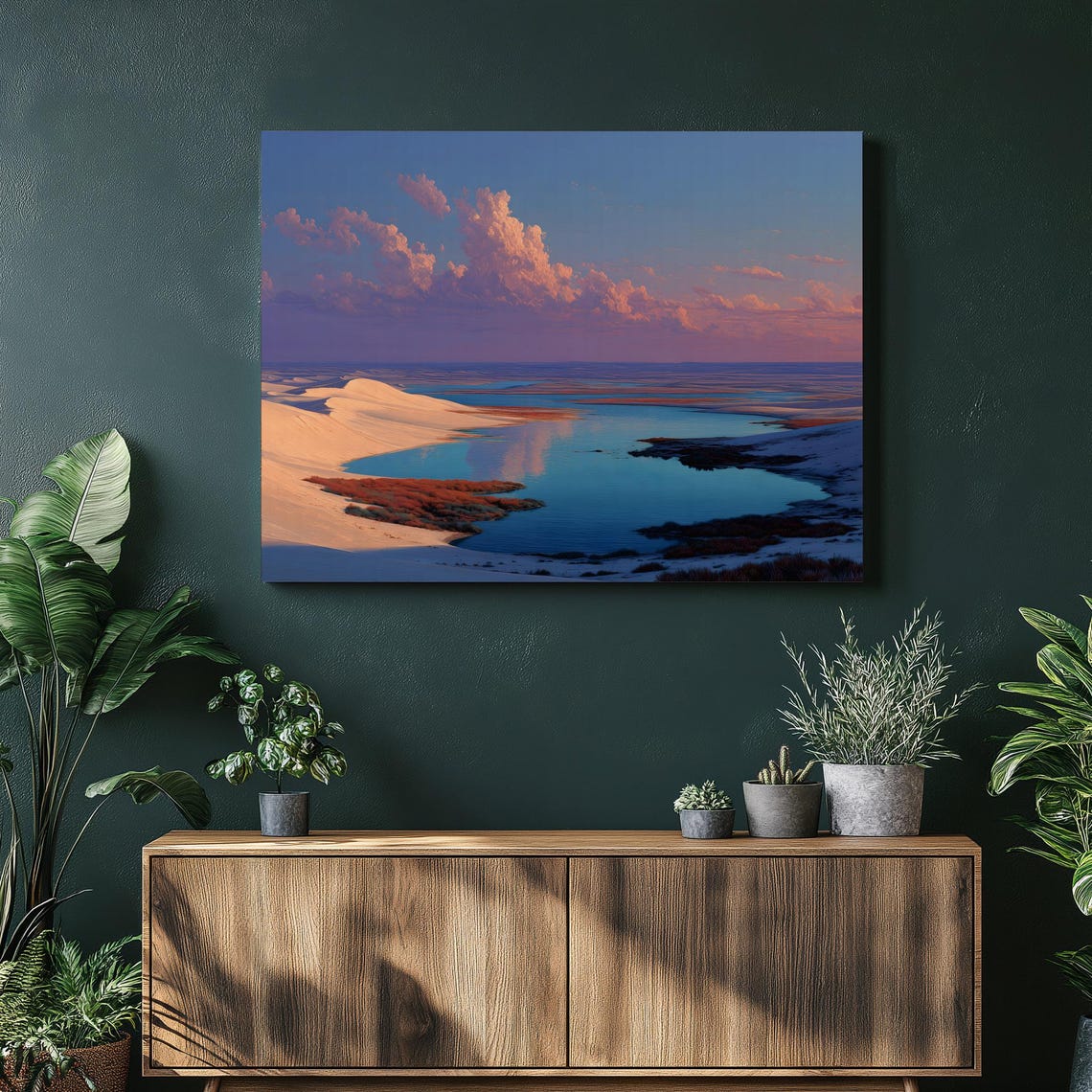 Sunset Desert Lagoon Dunes Pink Clouds Turquoise Water Canvas Wall Art
