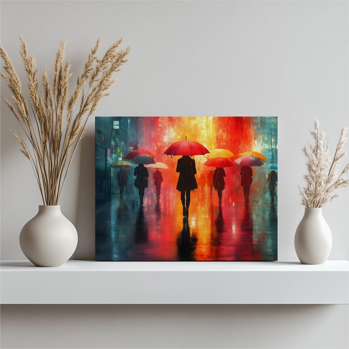 Rainy City Colorful Umbrellas Night Reflections Urban Street Wall Art