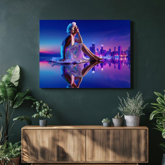 Neon City Skyline Canvas Wall Art Glamorous Woman By Mirrored Lake At Dusk With Reflective Water Retro Glamour Urban Nightscape Cityscape