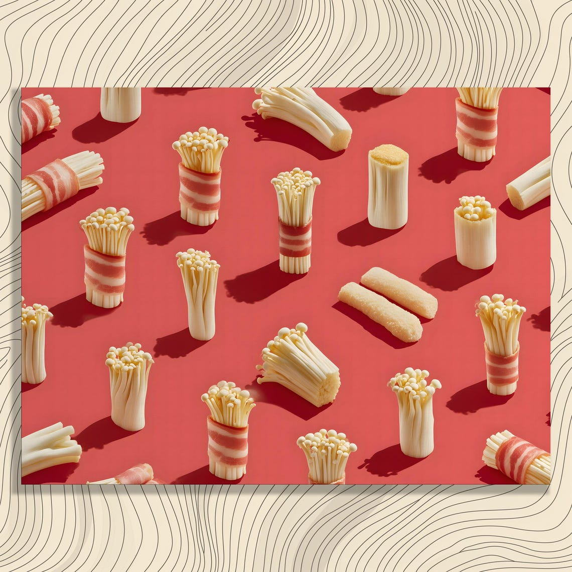 Enoki Mushroom Wrapped In Bacon Bold Red Pop Food Pattern Print