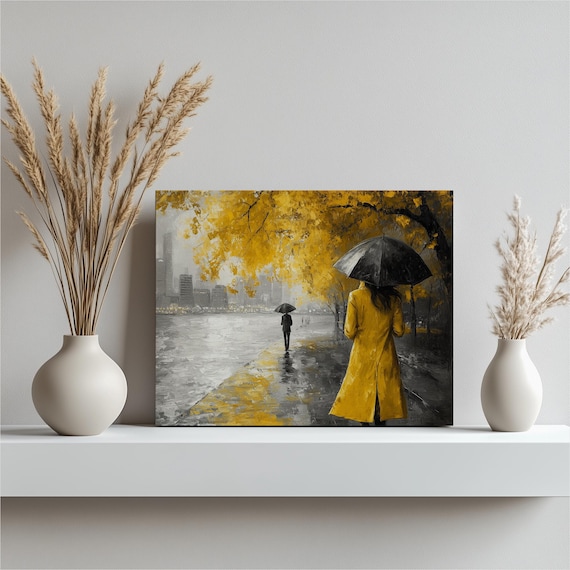 Woman in Yellow Coat Rainy City Street Umbrella Autumn Art Poster