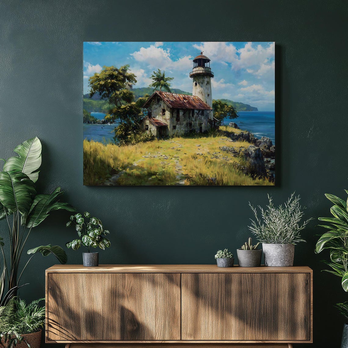 Rustic Lighthouse on Rocky Cliff Coastal Ocean Seascape Canvas Poster