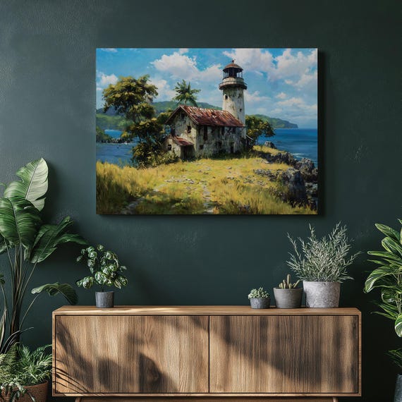 Lighthouse Coastal Canvas Wall Art Ocean View Seascape Painting Cliffside Cottage Print Maritime Seaside Landscape