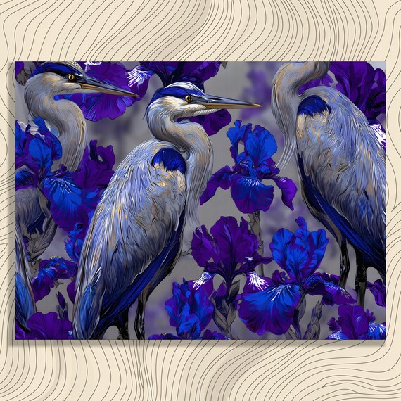Blue Heron Iris Canvas Wall Art Botanical Print Floral Pattern Purple Wildlife Decor Modern Nature Painting Colorful Contemporary