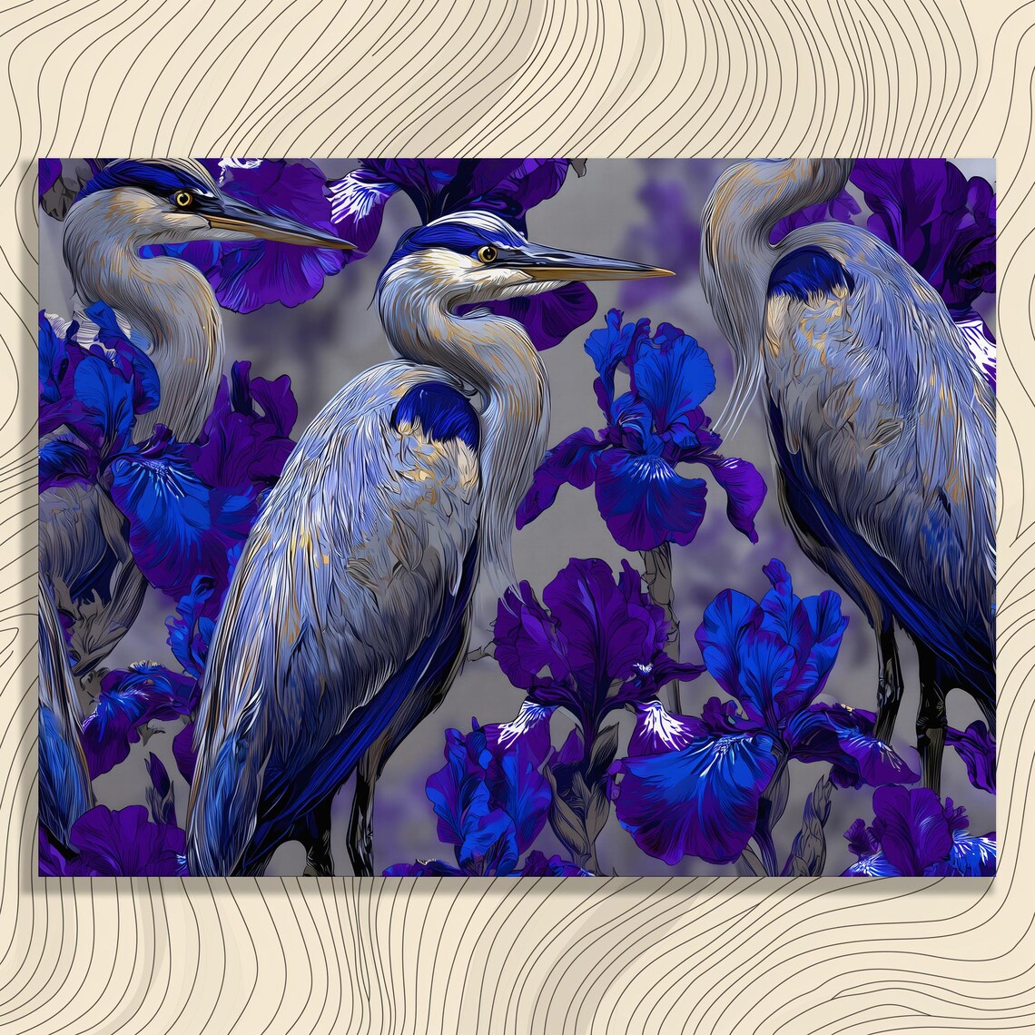 Blue Herons Among Purple Irises Botanical Wildlife Painting Poster