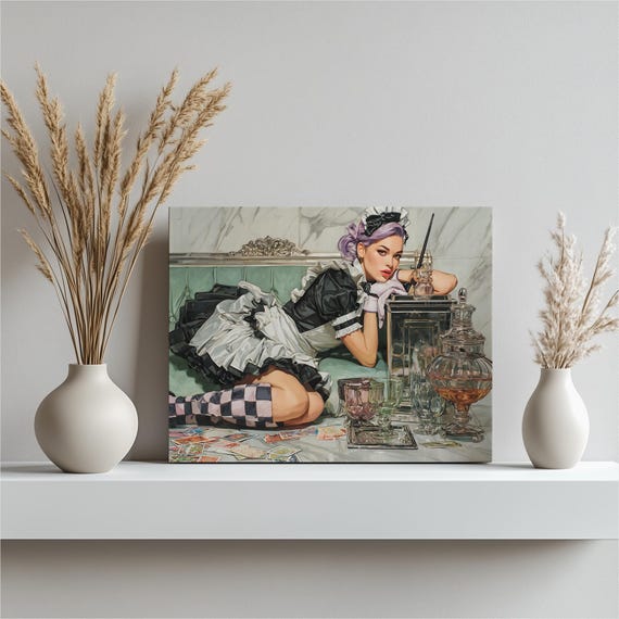 Tarot Maid Cosplay Canvas Wall Art Pop Surreal Purple Hair Mint Green Sofa Cards Marble Contemporary Colorful Print Modern