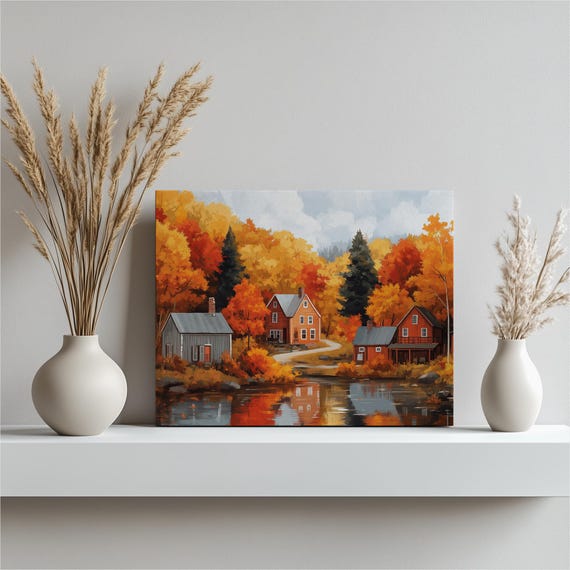 Vibrant Autumn Canvas Wall Art Print Farmhouse Landscape Painting Of New England Houses By Reflective Pond For Home Decor Gift