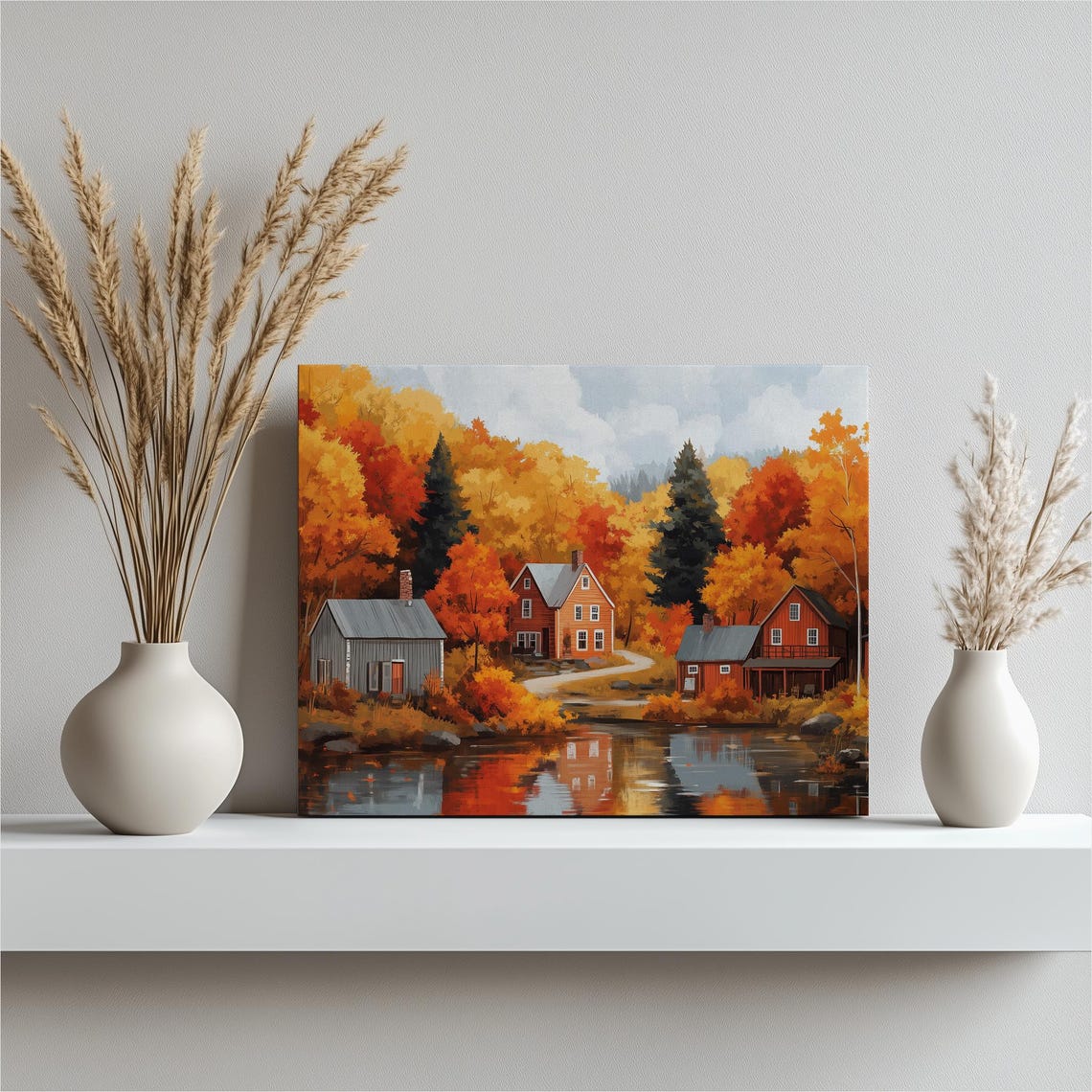 Autumn Cabins by Still Lake Fall Foliage Reflection Painting Poster
