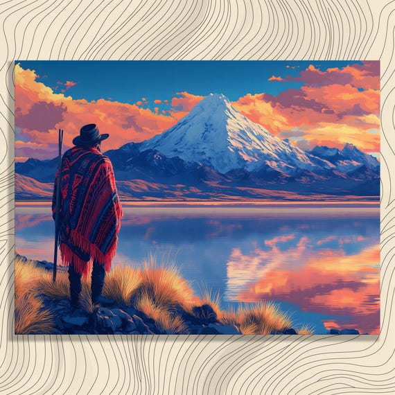 Colorful Mountain Lake Canvas Wall Art Sunset Reflection Landscape Print For Bohemian Eclectic Decor Gift Nature Lovers