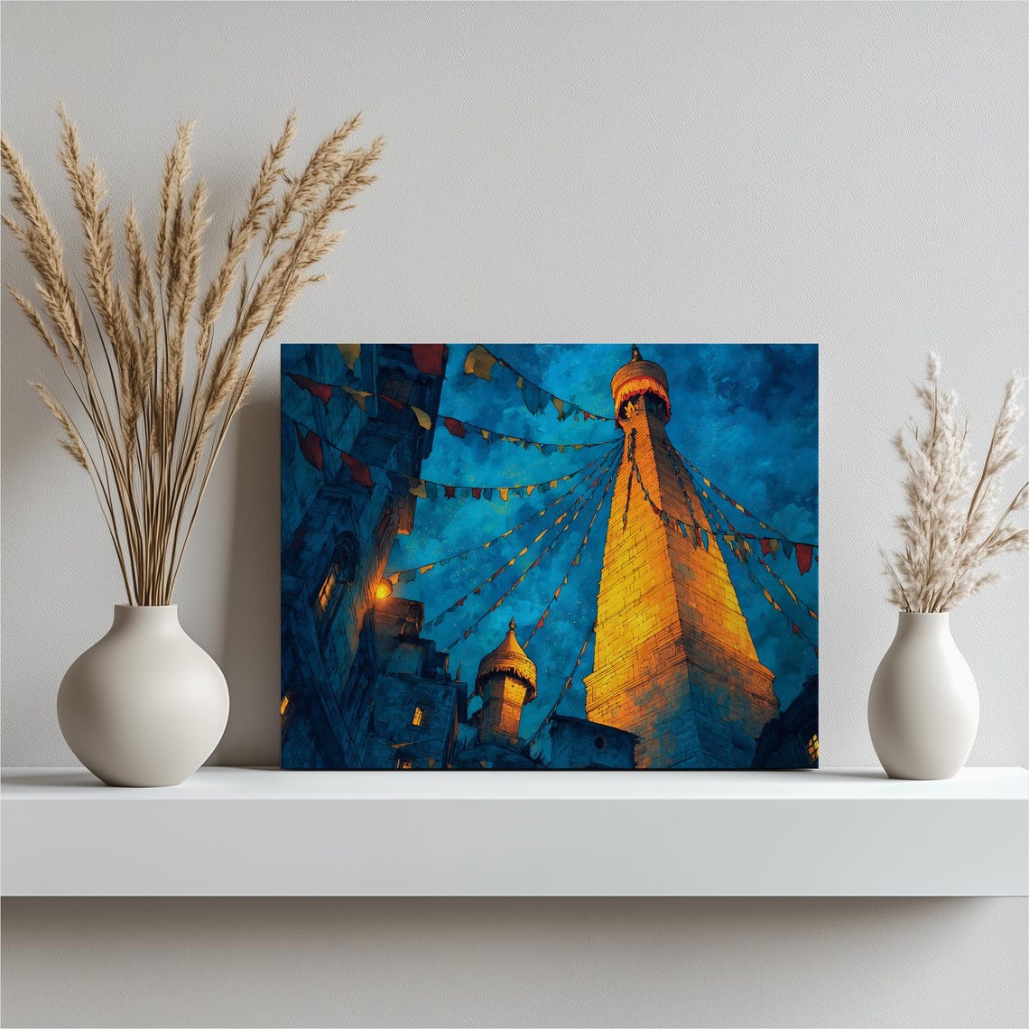 Golden Stupa Temple Prayer Flags Starry Night Sky Canvas Poster