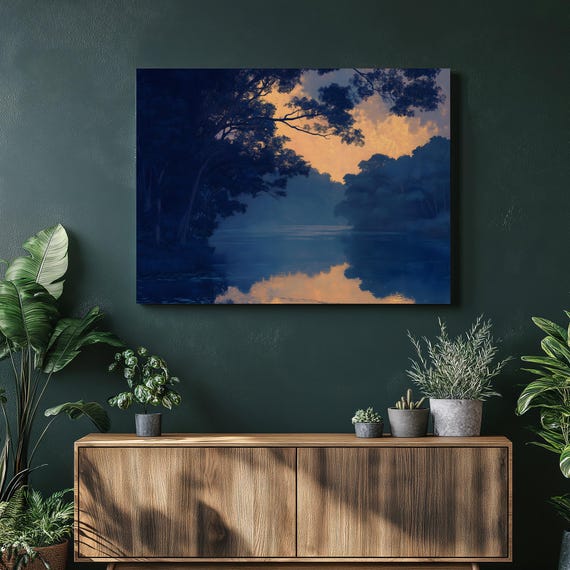 Twilight Forest Lake Canvas Wall Art Landscape Print With Tranquil Water Reflection Blue And Gold Sky Rustic Lodge Decor Dark Scenery