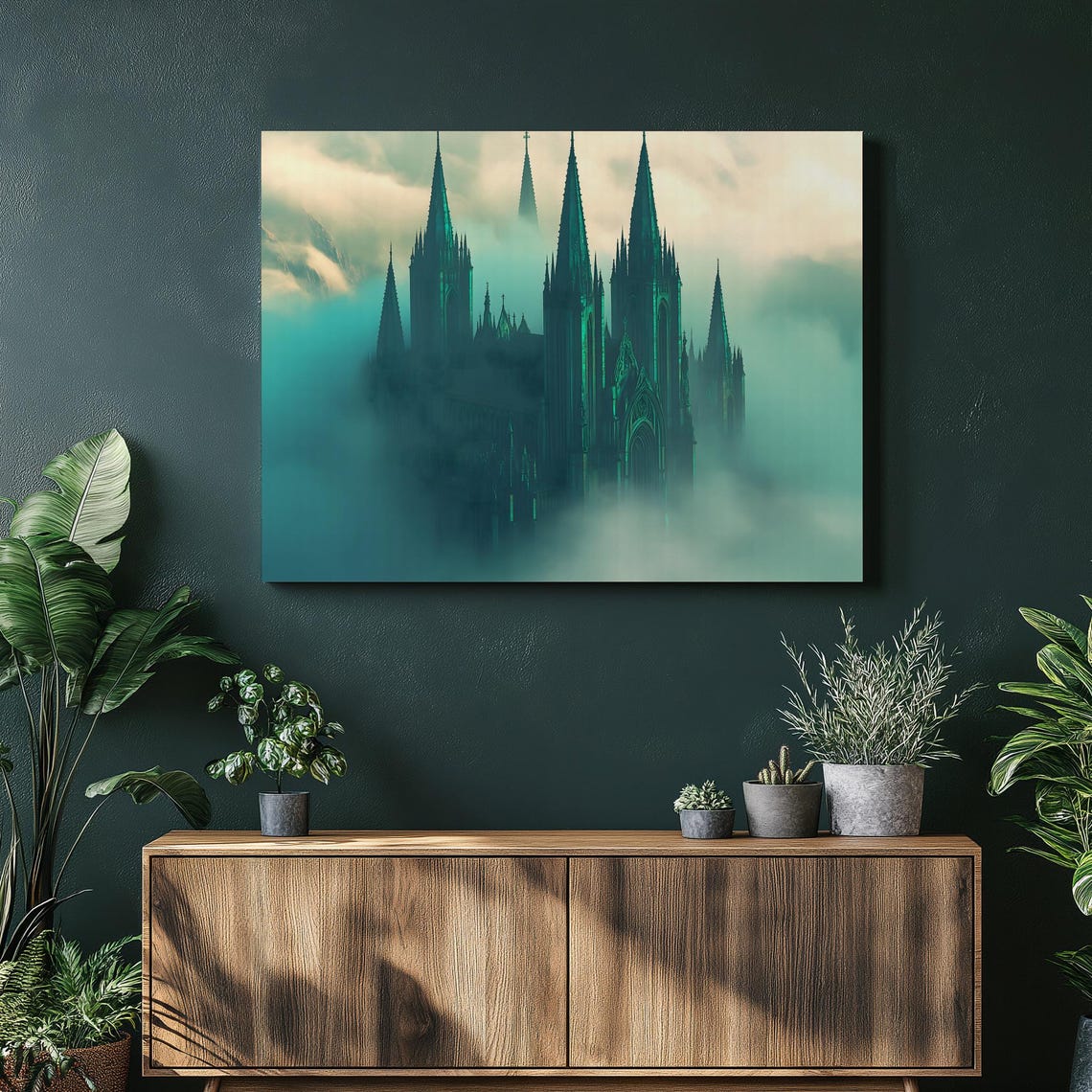 Mystical Gothic Cathedral Canvas Wall Art Dark Print With Moody Fog Architecture Landmark Artwork Surreal Building Decor