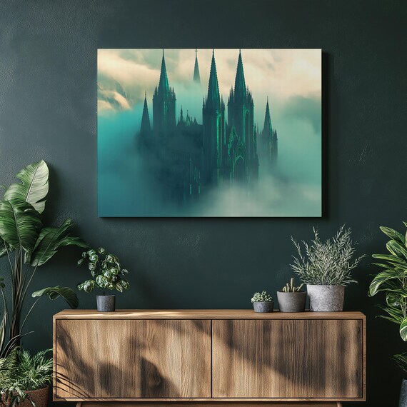 Mystical Gothic Cathedral Canvas Wall Art Dark Print With Moody Fog Architecture Landmark Artwork Surreal Building Decor