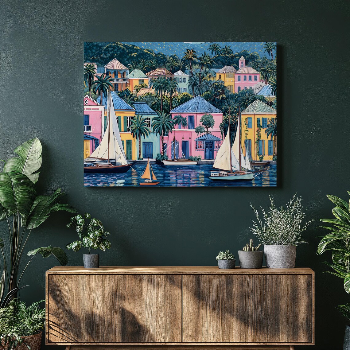 Colorful Tropical Harbor Sailboats Palm Village Painting Poster